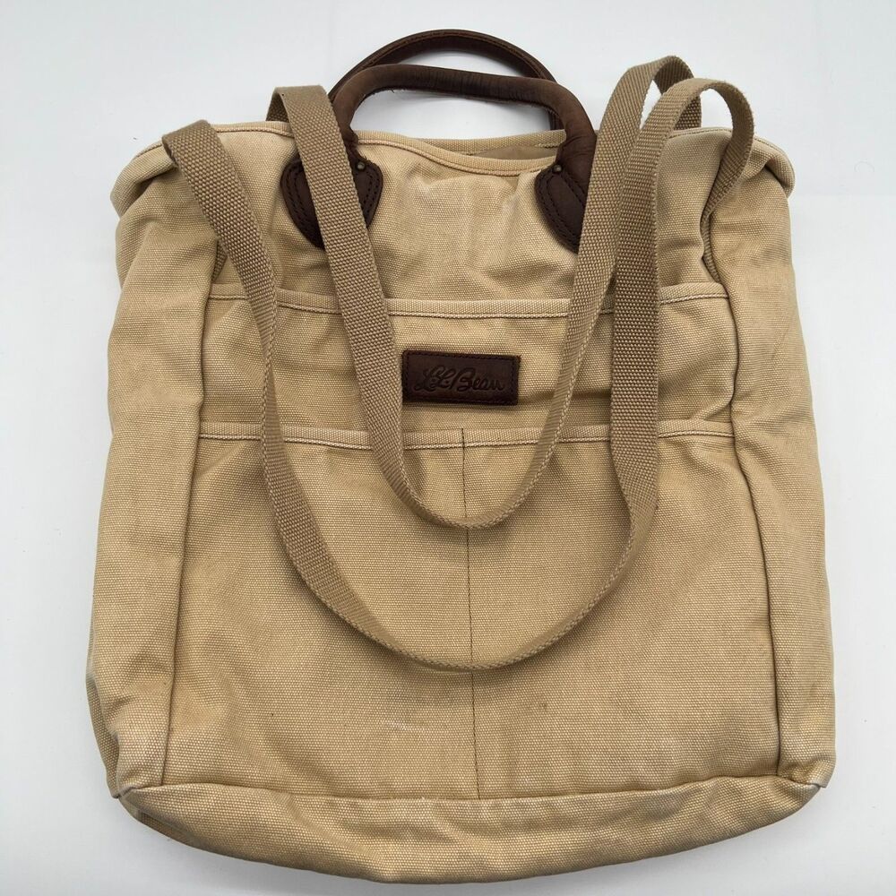 L.L. Bean Stonington Daily Carry Tote Canvas Leather Work Laptop Bag Khaki Gorp
